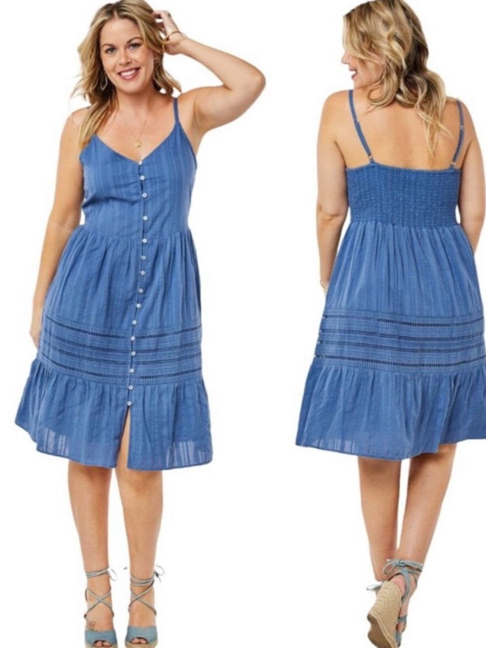 Carve Designs Blue Button-Front Spaghetti Strap Tiered Dress